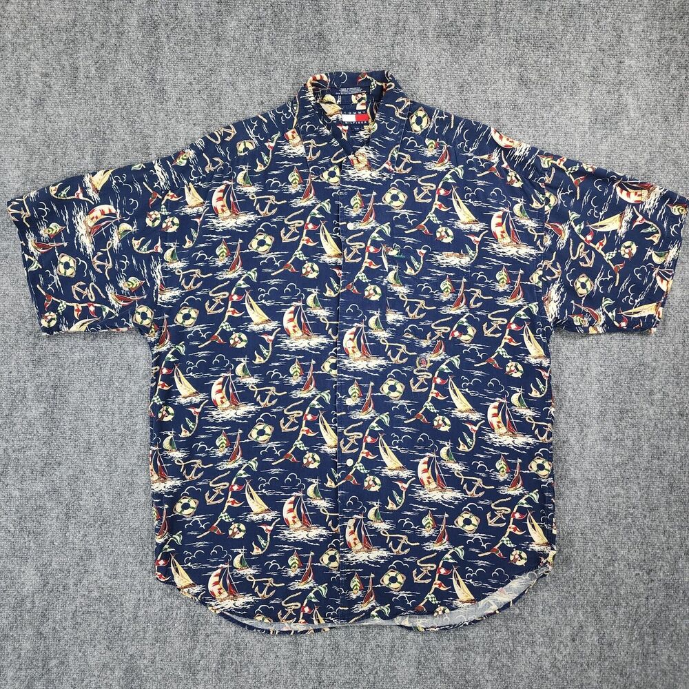 Tommy Hilfiger Shirt Mens Medium Sailing AOP Camp Loop Collar Vintage Nautical - Picture 2 of 13